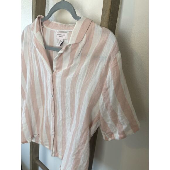 Sincerely Jules Linen Style Striped Short Sleeve Button Up Pink White Womens - Picture 4 of 4